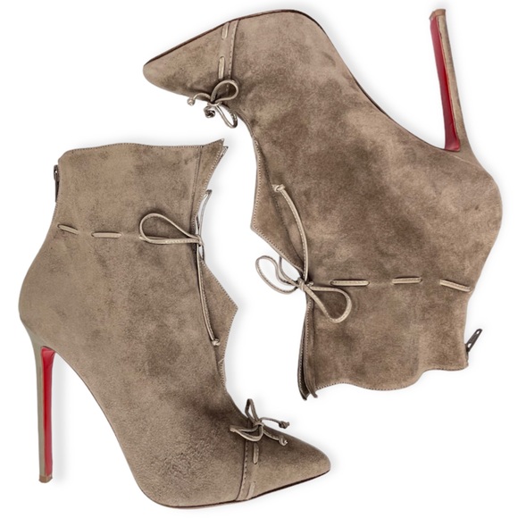 CHRISTIAN LOUBOUTIN Booties Suede & Metallic Leather Bows Stiletto Heels Zipper - Picture 4 of 12